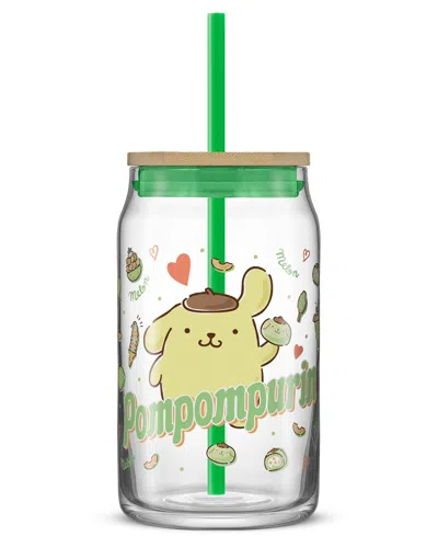 JOYJOLT HELLO KITTY AND FRIENDS FAVORITE FLAVOR POMPOMPURIN CAN SHAPED GLASS TUMBLER WITH WOOD LID AND STRAW