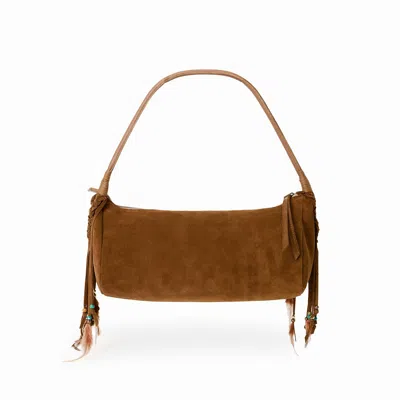 JUAN-JO WOMEN'S BROWN SUEDE BAG- BOHO BAGUETTE PURSE FRINGES AND FEATHERS
