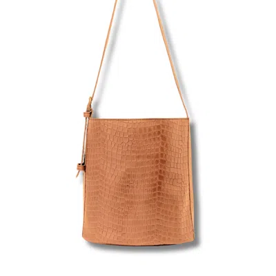JUAN-JO WOMEN'S NEUTRALS TAN CROC LEATHER BUCKET BAG- LIGHT BROWN