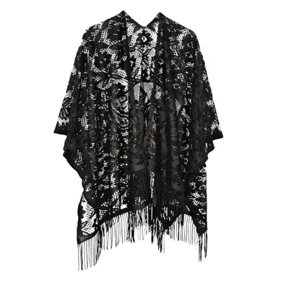 JUDSON & CO. WOMEN'S FLORAL LACE FRINGE BOHO KIMONO WRAP SHAWL COVER UP IN BLACK