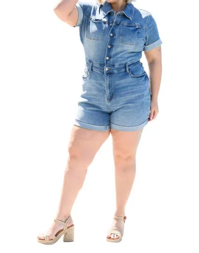 JUDY BLUE HIGH RISE SHORT SLEEVE ROMPER IN MEDIUM WASH
