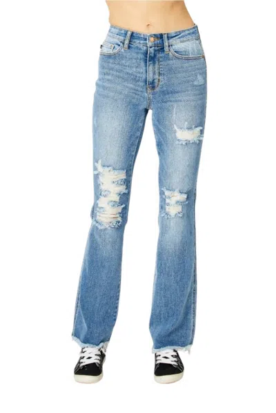 JUDY BLUE HIGH WAISTED DESTROY FRAY HEM BOOTCUT JEANS IN MEDIUM BLUE