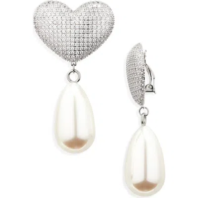 JULIETTA JULIETTA FRANCES PAVÉ CRYSTAL HEART & FAUX PEARL CLIP-ON EARRINGS