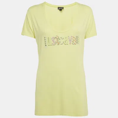 JUST CAVALLI LIME GREEN LOGO EMBELLISHED JERSEY ROUND NECK T-SHIRT XL