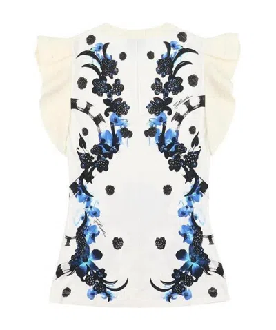 JUST CAVALLI PRINTED SHORT-SLEEVED T-SHIRT WITH LOTUS LEAF EDGE