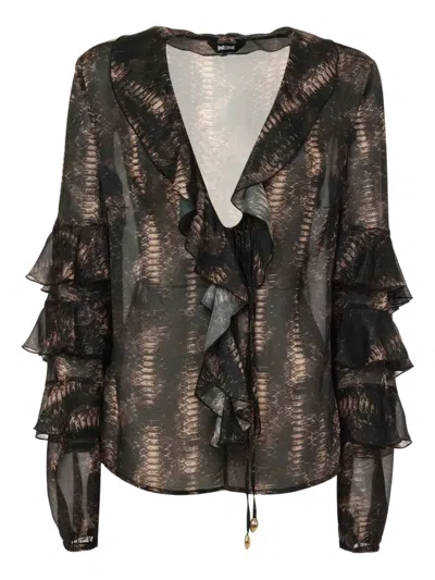 JUST CAVALLI SNAKE-PRINT RUFFLED TOP