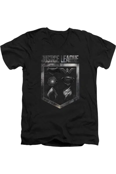 JUSTICE LEAGUE MOVIE SHIELD OF EMBLEMS SHORT SLEEVE ADULT V NECK PREMIUM COTTON TEE / T-SHIRT