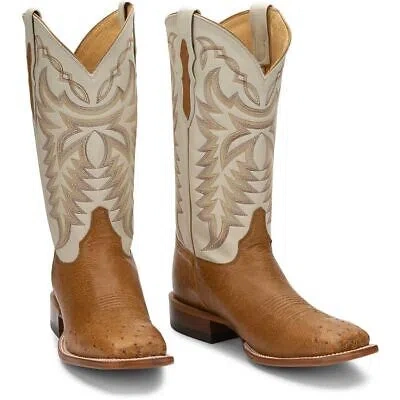 JUSTIN BOOTS JUSTIN MEN'S 8294 PASCOE 13" TAN SMOOTH OSTRICH SQ TOE BLOCK HEEL WESTERN BOOTS