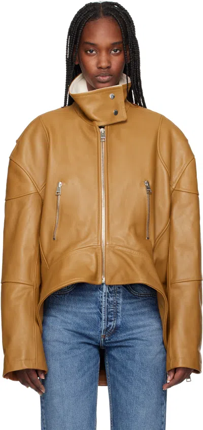 JW ANDERSON TAN CURVED HEM HIGH NECK LEATHER JACKET