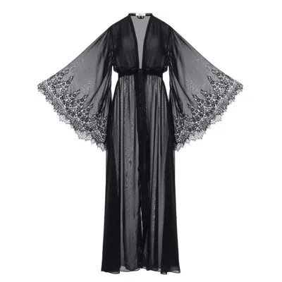 KÂFEMME WOMEN'S BLACK SEXY SHEER KIMONO ROBE WITH LACE