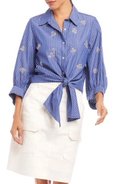 KAREN KANE KAREN KANE TIE FRONT EMBELLISHED PINSTRIPE BUTTON-UP SHIRT