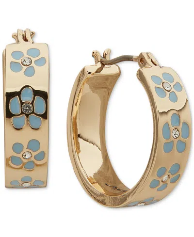 KARL LAGERFELD GOLD-TONE ENAMEL FLOWER INLAY SMALL HOOP EARRINGS, 0.68"