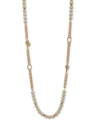 KARL LAGERFELD GOLD-TONE PAVE, IMITATION PEARL & CURB CHAIN 36" STRAND NECKLACE