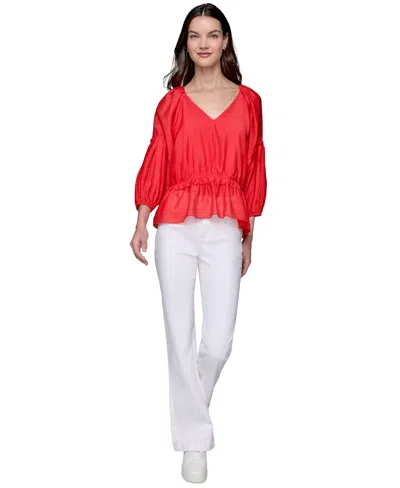 KARL LAGERFELD PETITE V-NECK RUFFLED PEPLUM TOP
