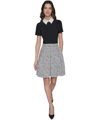 KARL LAGERFELD WOMEN'S COLLARED MIXED-MEDIA A-LINE DRESS