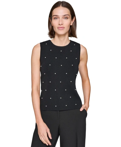 KARL LAGERFELD KARL LAGERFELD WOMEN'S ROUND-NECK FAUX-PEAL SLEEVELESS SWEATER TOP