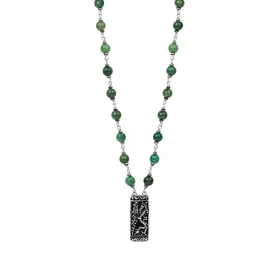 KARMA AND LUCK MEN'S GREEN / SILVER MYSTICAL POWER - JADE STONE DRAGON CHARM NECKLACE