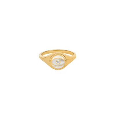 KARMA AND LUCK WOMEN'S GOLD / WHITE SUCCESS ENHANCER EVIL EYE MOTHER OF PEARL RING
