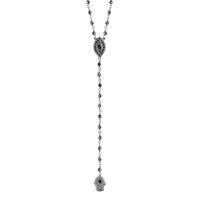 KARMA AND LUCK WOMEN'S SILVER / GREY STAND IN STRENGTH ROSARY HEMATITE STONE NECKLACE