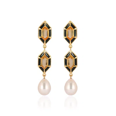 KARRAH JEWELLERY WOMEN'S GOLD / BLACK / YELLOW NOOR HEXAGON CITRINE AND PEARL EARRINGS GOLD VERMEIL