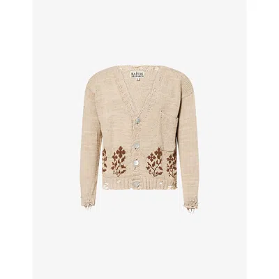 KARTIK RESEARCH MENS BEIGE/BROWN INTARSIA RELAXED-FIT KNITTED CARDIGAN XL