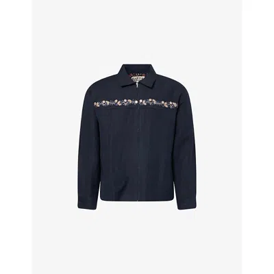 KARTIK RESEARCH MENS BLACK/GREY EMBROIDERED-MIRRORS RELAXED-FIT COTTON-LINEN JACKET XL