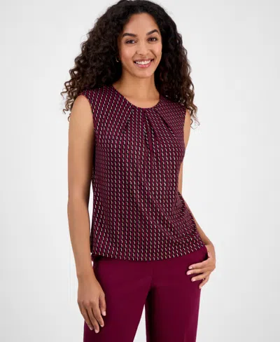 KASPER FOIL PRINT PLEATED-NECK EXTENDED-SHOULDER TOP, REGULAR & PETITES