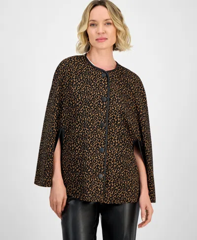 KASPER LEOPARD JACQUARD SNAP-FRONT CAPE-SLEEVE TOPPER, REGULAR & PETITES