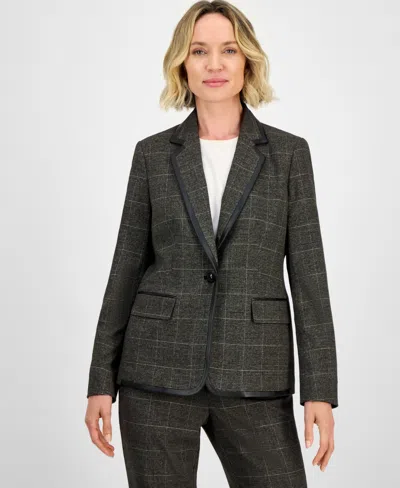 KASPER PLAID ONE-BUTTON FAUX-LEATHER JACKET, REGULAR & PETITES