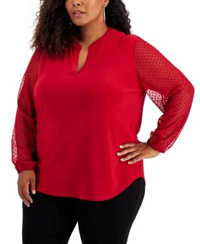 KASPER PLUS SIZE DOT-SLEEVE SPLIT-NECK TOP