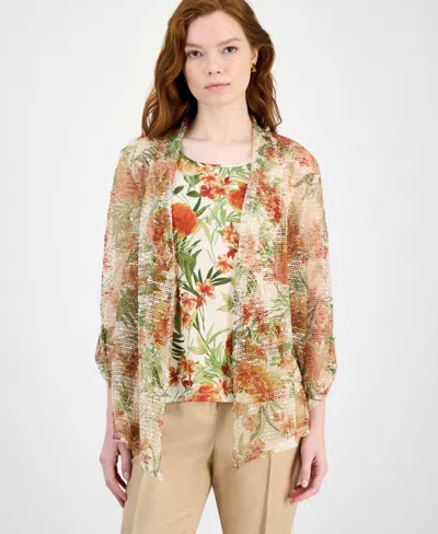 KASPER WOMEN'S FLORAL-PRINT OPEN-FRONT CARDIGAN AND BLOUSE