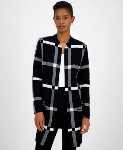 KASPER WOMEN'S WINDOWPANE OPEN-FRONT CARDIGAN