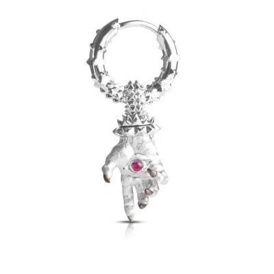 KASUN MEN'S HAND OF THE PROTECTOR EARRINGS - JULY - RUBY - SILVER