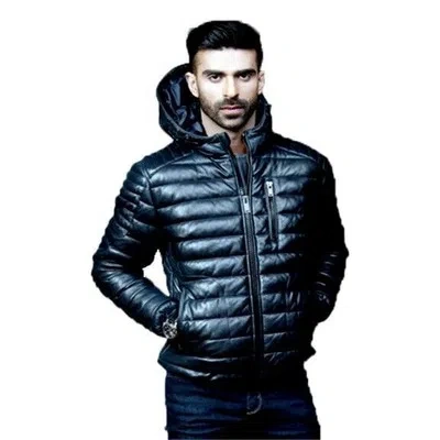 KAYS LEDER SCHWARZE PUFFER-LEDERJACKE MIT KAPUZE FÜR HERREN, ECHTE...