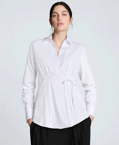 KENNETH COLE WOMEN'S SOLID POPLIN WRAP Y-NECK TIE-WAIST SHIRT