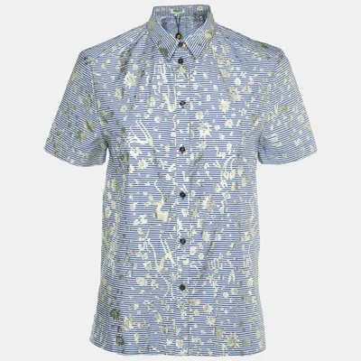 KENZO BLUE/WHITE METALLIC PRINT COTTON SHORT SLEEVE SHIRT S