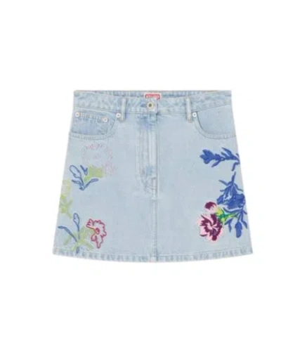 KENZO KENZO FLORAL EMBROIDERED BUTTONED DENIM MINI SKIRT