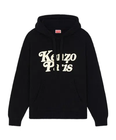 KENZO KENZO LOGO DETAILED DRAWSTRING KNIT HOODIE