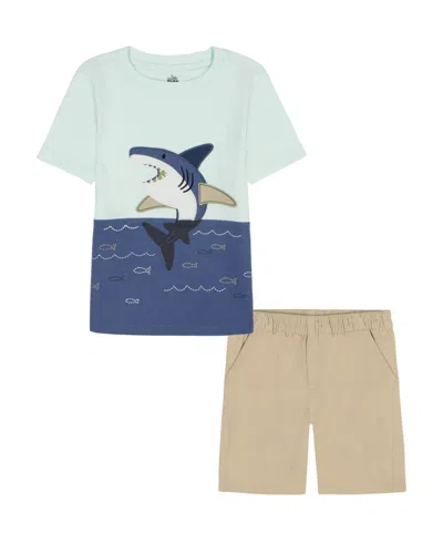 KIDS HEADQUARTERS TODDLER AND LITTLE BOYS 2-PIECE PIECED JERSEY SHARK SHORT SLEEVE T-SHIRT AND TWILL CARGO SHORTS SET