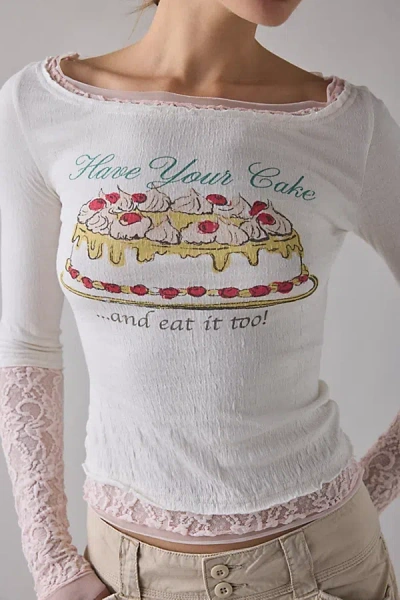 KIMCHI BLUE DOUBLE TROUBLE TWOFER LAYERED GRAPHIC LONG SLEEVE TEE IN CREAM, WOMEN'S AT URBAN OUTFITTERS