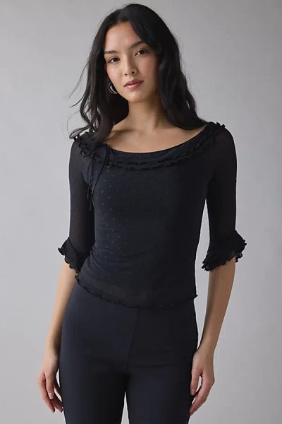 KIMCHI BLUE ROSALYN POLKA DOT MESH 3/4 SLEEVE BOATNECK TOP IN BLACK, WOMEN'S AT URBAN OUTFITTERS