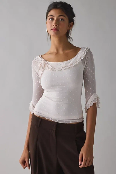 KIMCHI BLUE ROSALYN POLKA DOT MESH 3/4 SLEEVE BOATNECK TOP IN IVORY, WOMEN'S AT URBAN OUTFITTERS