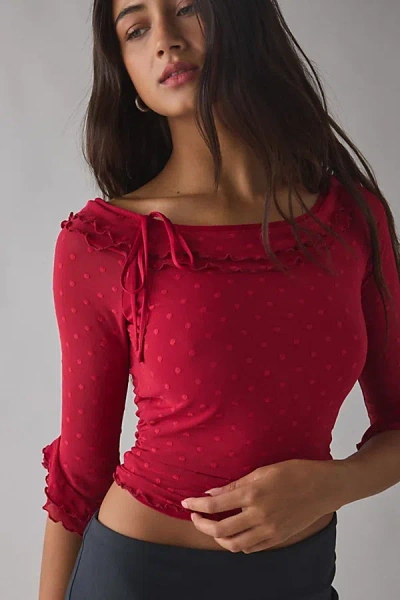 KIMCHI BLUE ROSALYN POLKA DOT MESH 3/4 SLEEVE BOATNECK TOP IN MAROON, WOMEN'S AT URBAN OUTFITTERS