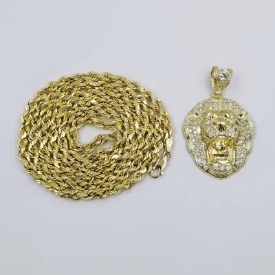 KING REAL 10K YELLOW GOLD KING LION HEAD CHARM PENDENT 4MM ROPE CHAIN 20 22 24 26