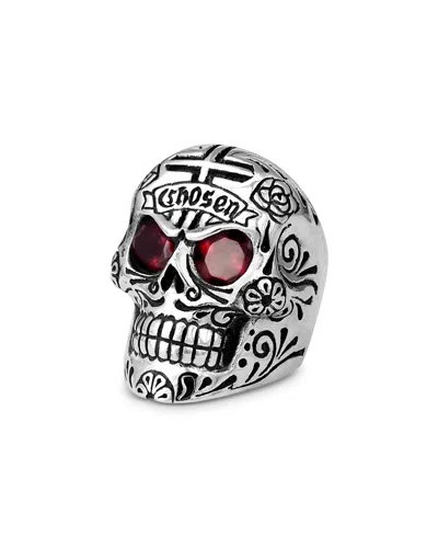 KING BABY STUDIO MEN'S STERLING SILVER GARNET SUGAR SKULL CHOSEN RING