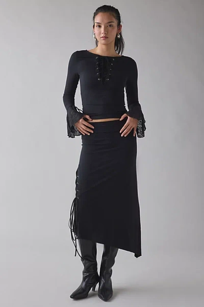 KISS THE SKY BELLA JERSEY KNIT ASYMMETRIC LACE-UP TIE MIDI SKIRT IN BLACK, WOMEN'S AT URBAN OUTFITTERS