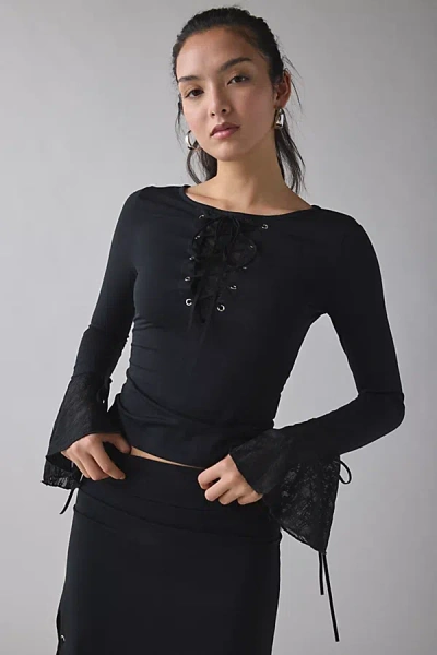 KISS THE SKY BELLA JERSEY KNIT LACE-UP TIE BELL SLEEVE TOP IN BLACK, WOMEN'S AT URBAN OUTFITTERS