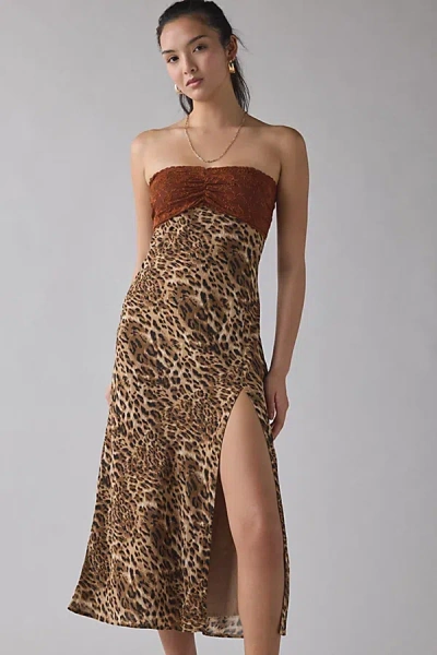 KISS THE SKY DELMAR LEOPARD & LACE STRAPLESS SLIT MIDI DRESS IN LEOPARD PRINT, WOMEN'S AT URBAN OUTFITTERS