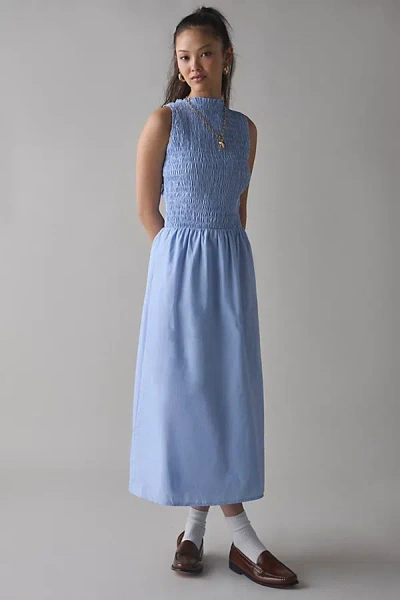 KISS THE SKY HIGH-NECK SMOCKED SLEEVELESS MAXI DRESS IN LIGHT BLUE, WOMEN'S AT URBAN OUTFITTERS