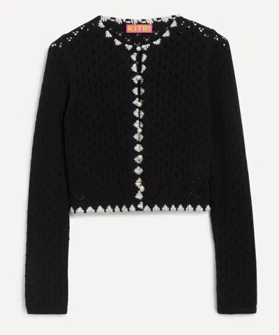 KITRI KITRI WOMEN'S CARAMEL BLACK POINTELLE KNIT CARDIGAN